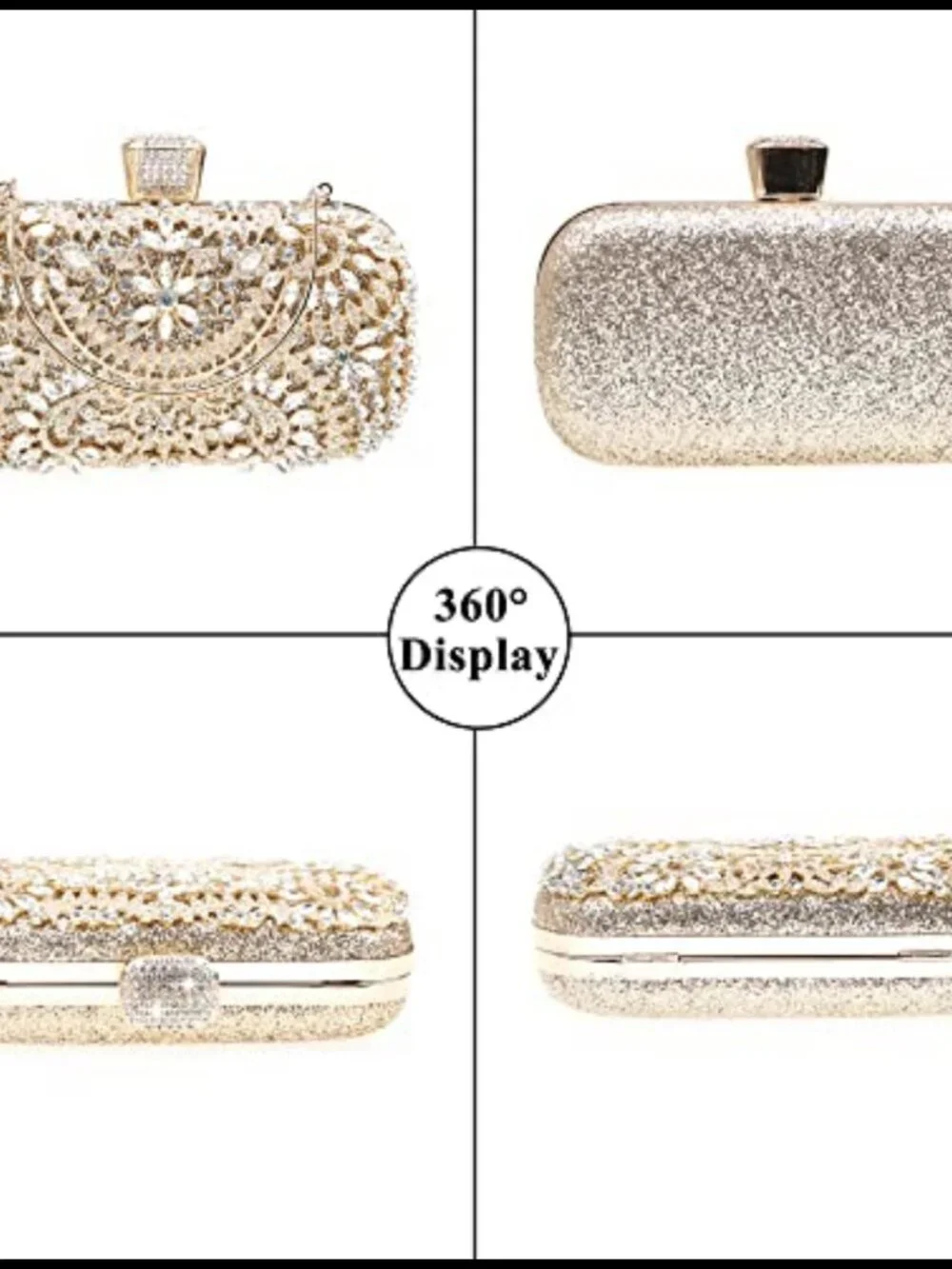 Rhinestone Sequin Clutch Evening Bag Metal Frame Removable Chain